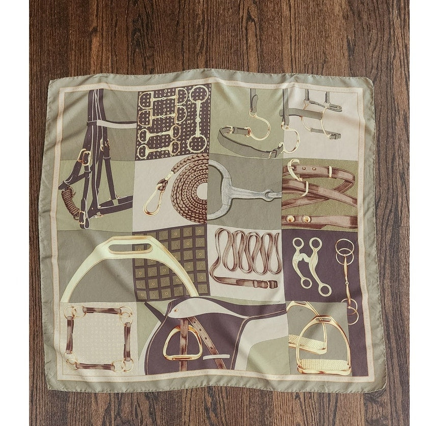Vintage 1990s Longchamp Scarf Green Silk Equestrian Print Designer Foulard Square