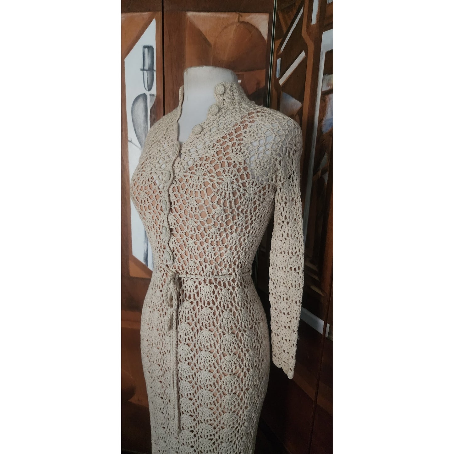 Vintage 1970s Cream Knit Maxi Dress Openwork Crochet Liner Long Sleeved Belted