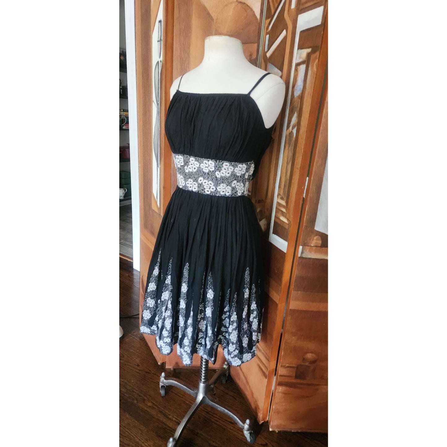 Vintage 1950s Patio Dress Black + White Embroidery Spaghetti Straps / S