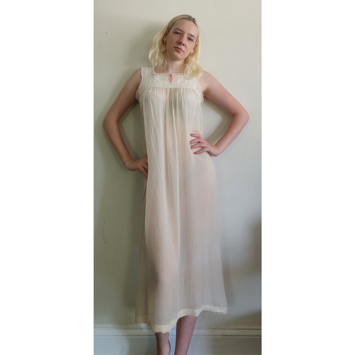 Vintage Edwardian Nightgown Chemise Slip Dress Dress Cream Crochet Lace / M