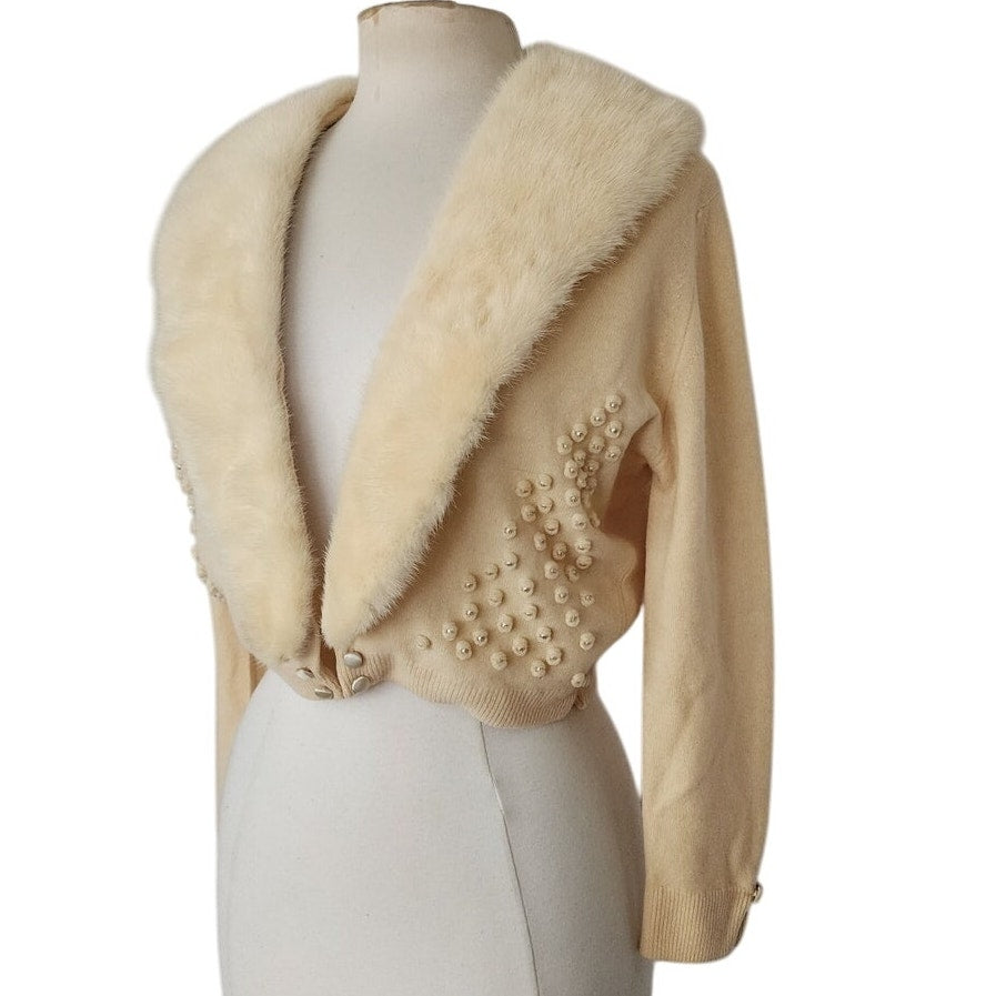 Vintage 50s Cardigan Cream Cashmere Sweater w/Blonde Mink