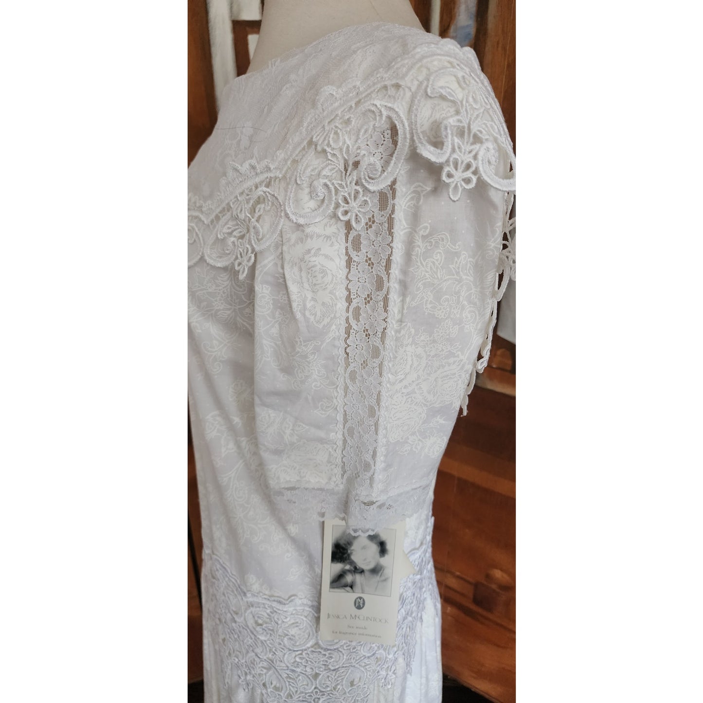 Vintage 80s Scott McClintock White Lace Dress Drop Waist Puffed Sleeves NWT