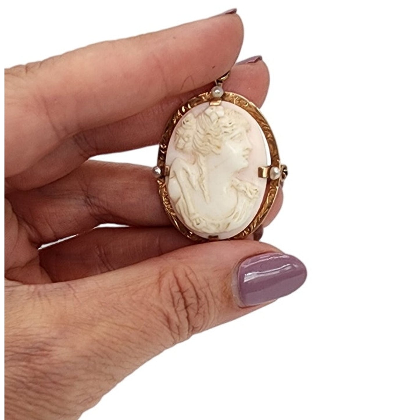 Antique 10K Gold Cameo Pendant Pin Edwardian Lady in Profile