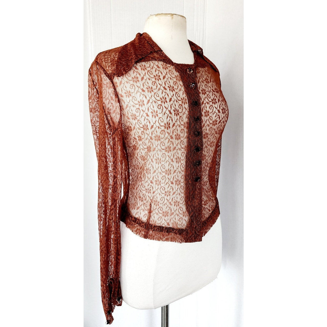 Vintage 70s Brown Lace Sheer Shirt