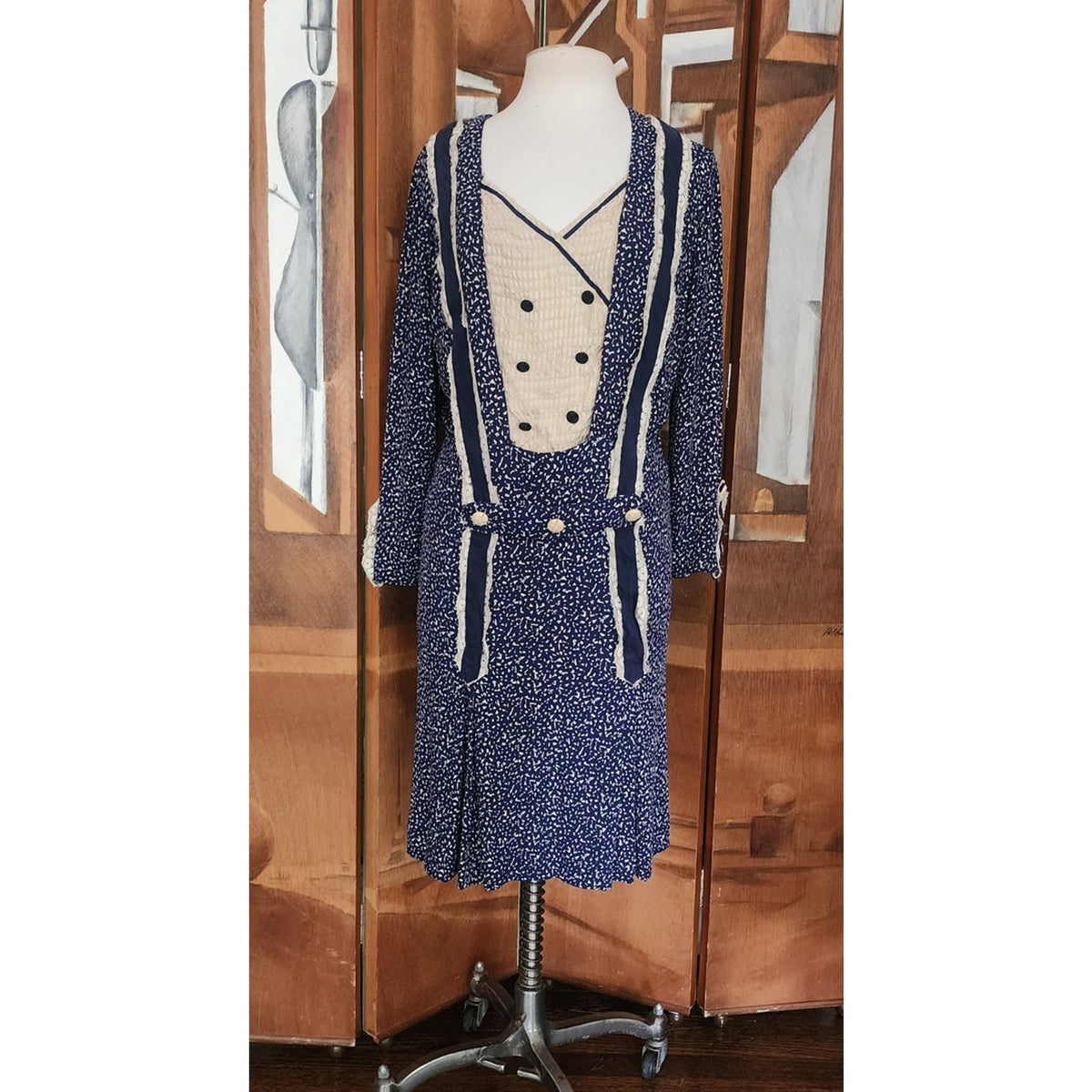 Vintage 1920s Day Dress Silk Print Navy Blue Polkadot Micro Dot Long Sleeves / S