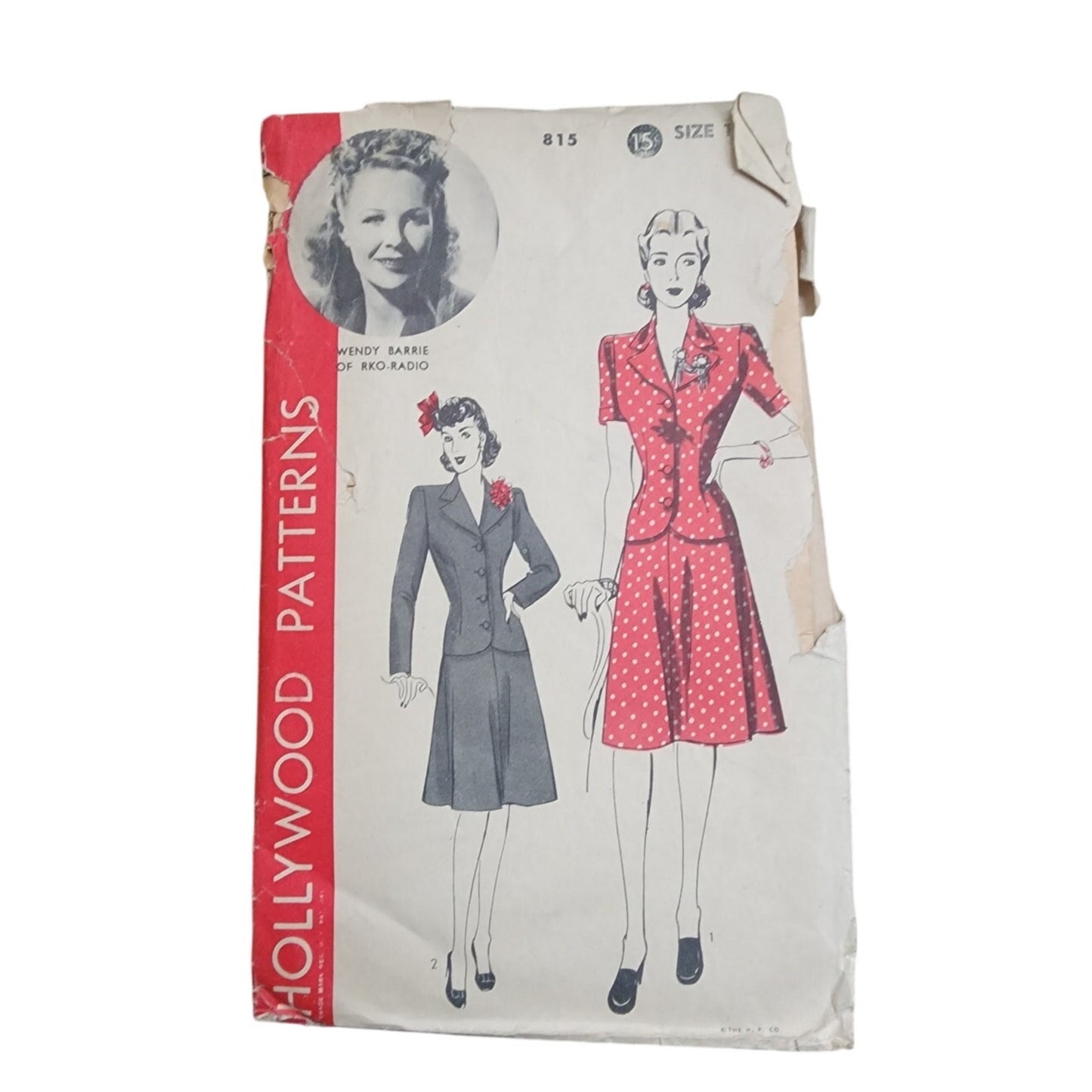 Vintage 1940s Sewing Pattern ORIGINAL Hollywood 815 Two-Piece Suit Wendy Barrie UNCUT