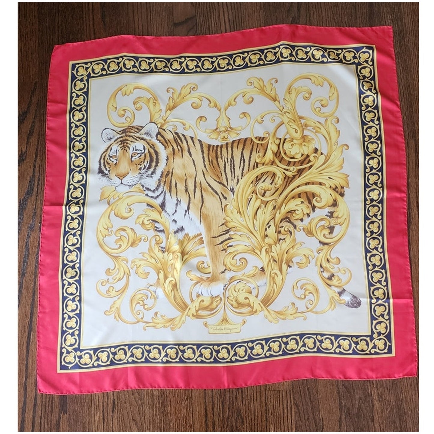 Vintage Ferragamo Silk Scarf Tiger Print Gold Baroque Scroll Print