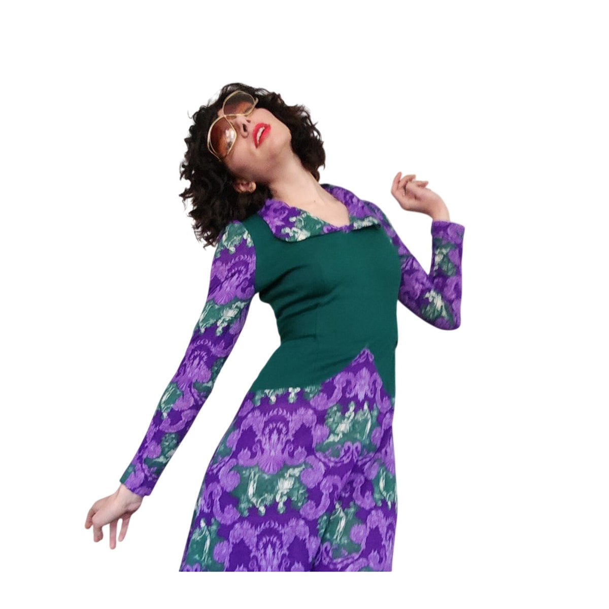 Vintage 1970s Maxi Dress Purple Green French Toile Print Renaissance Baroque Boho Witch Princess