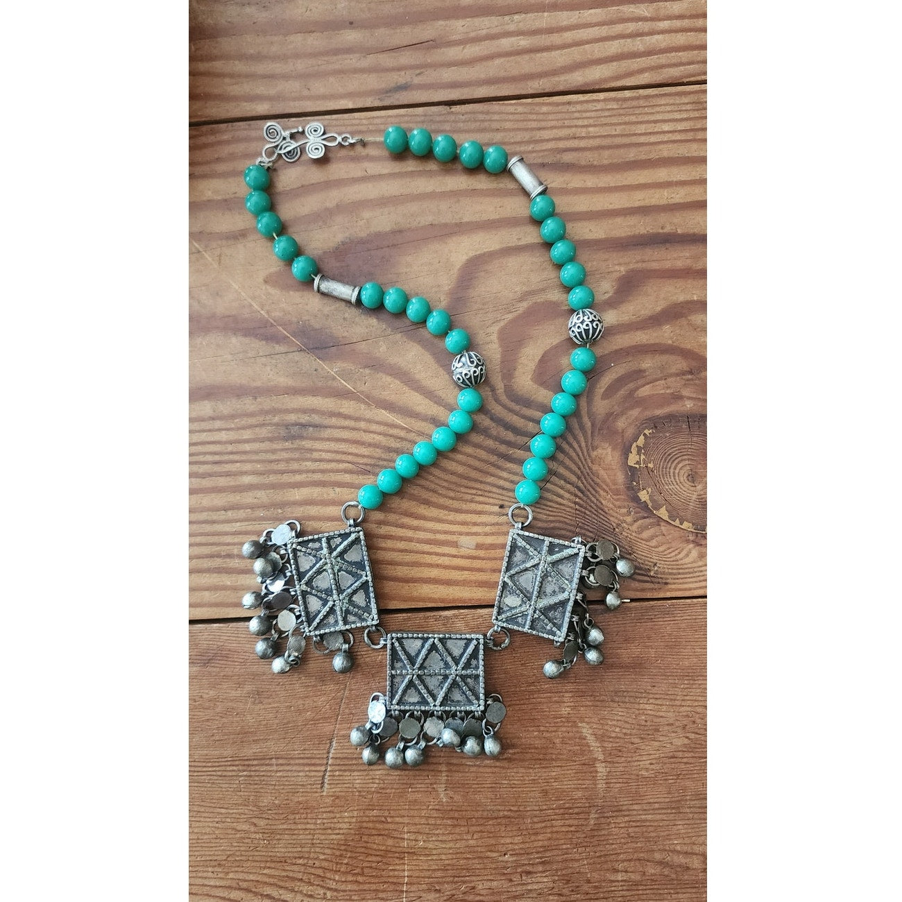 Vintage Tibetan Nepali Bib Necklace Dyed Agate Blue Beads Sterling Silver Clasp