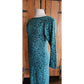 Vintage 80s Teal Blue Dress Black Floral Print, Keyhole Back Regina Kravitz