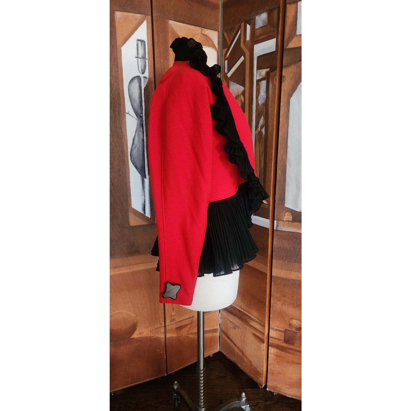 Vintage 1980s Jean Muir Jacket Red Black Ruffle Trim Evening Blazer