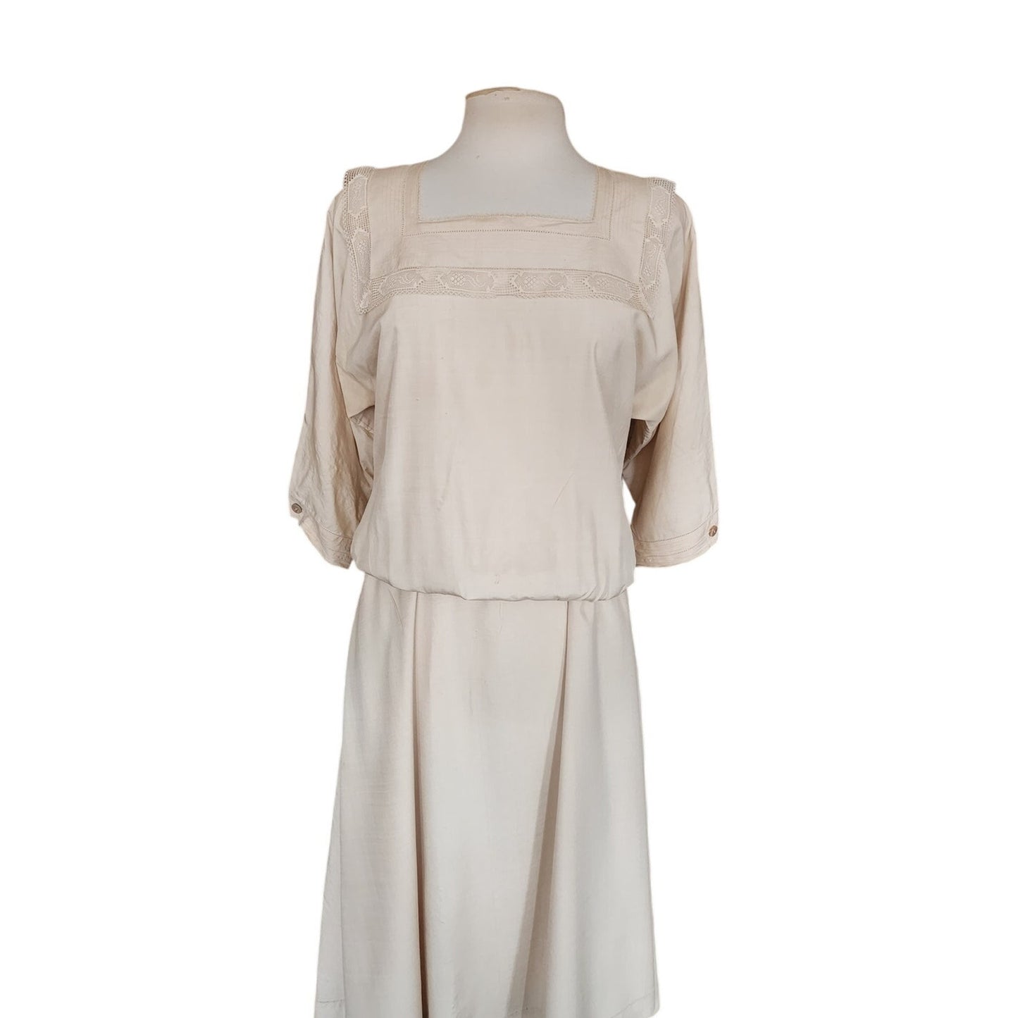 Vintage 1980s Cream Silk Dress Lace Trim Drop Waist Edwardian Style Norma Walters