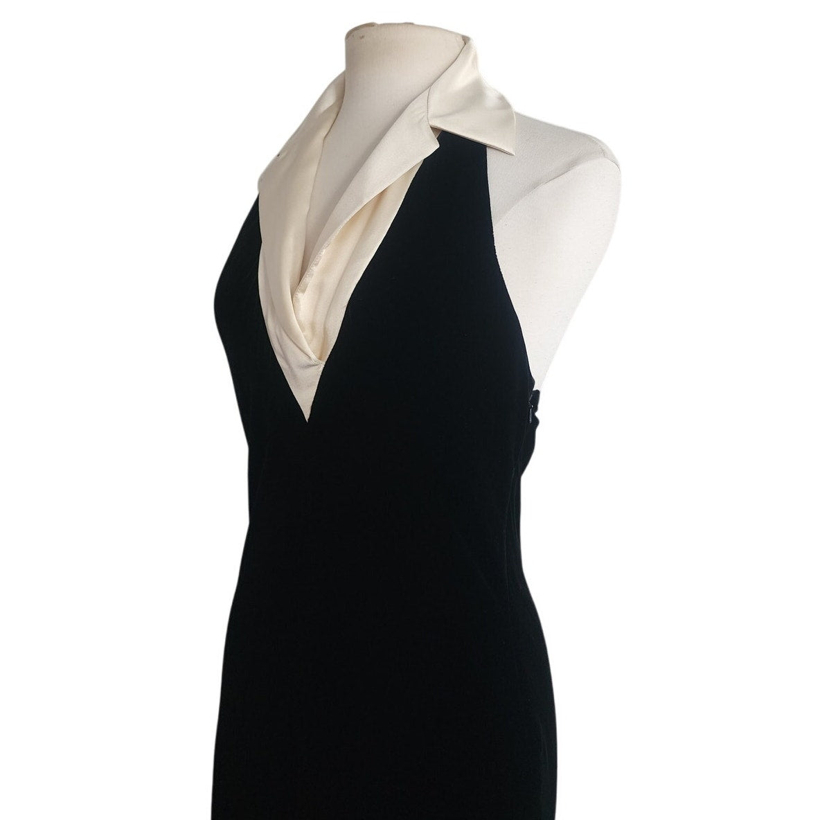 Vintage 1990s Ralph Lauren Evening Dress Black Velvet Halter Top Cream Silk Collar