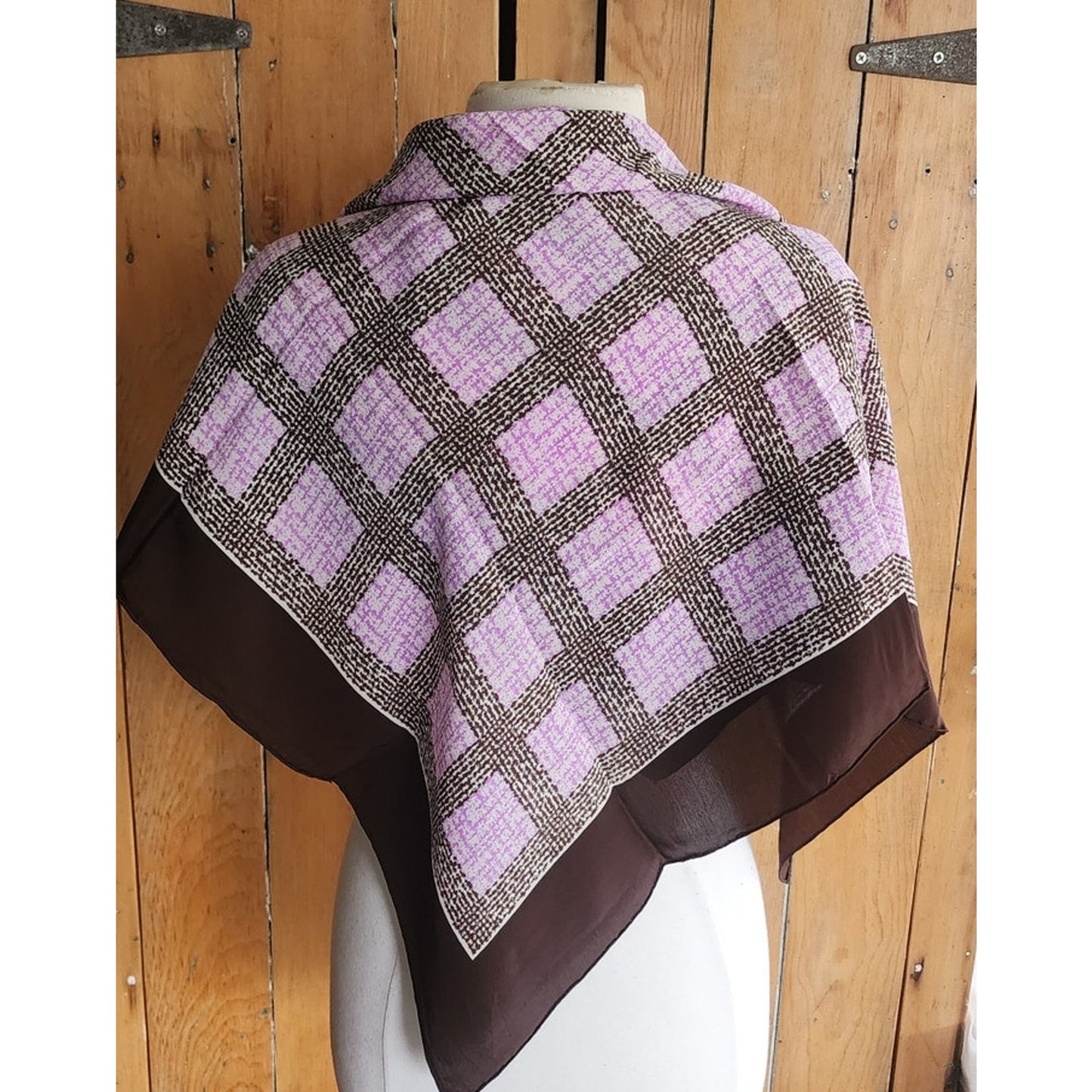 Vintage Yves Saint Laurent Silk Scarf Square Brown Purple Grid Geometric 70s 80s