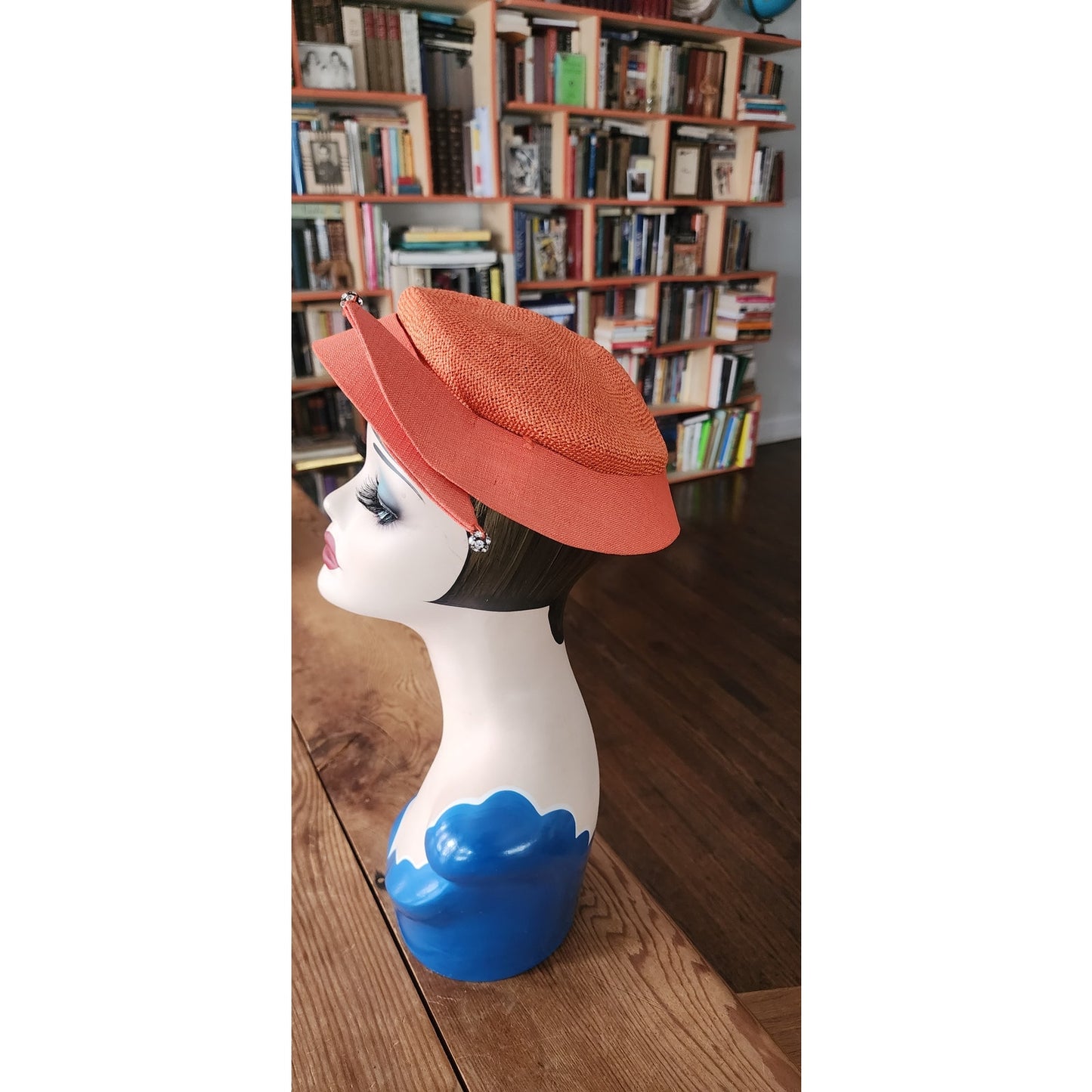 Vintage 50s Orange Straw Cocktail Hat Rhinestones