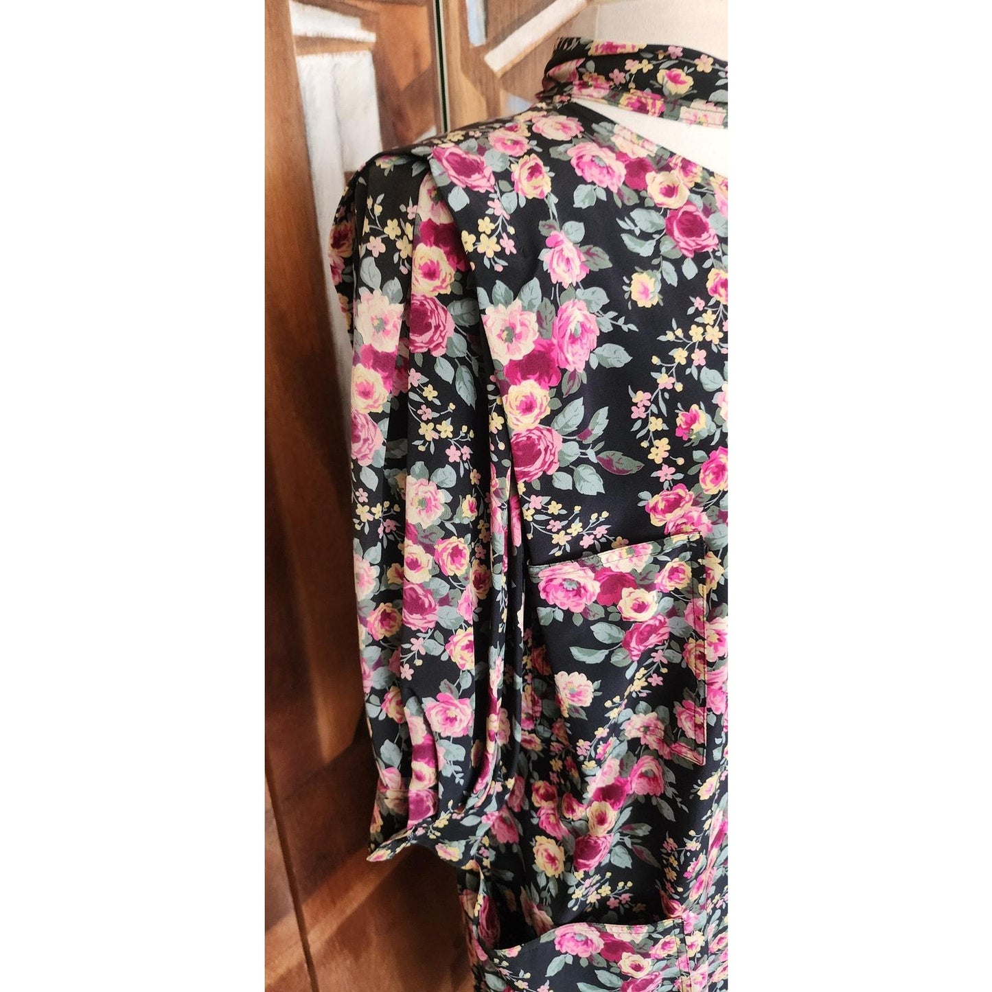Vintage 1980s Ungaro Dress Silk Floral Rose Print Tie Neck Button Front Pockets