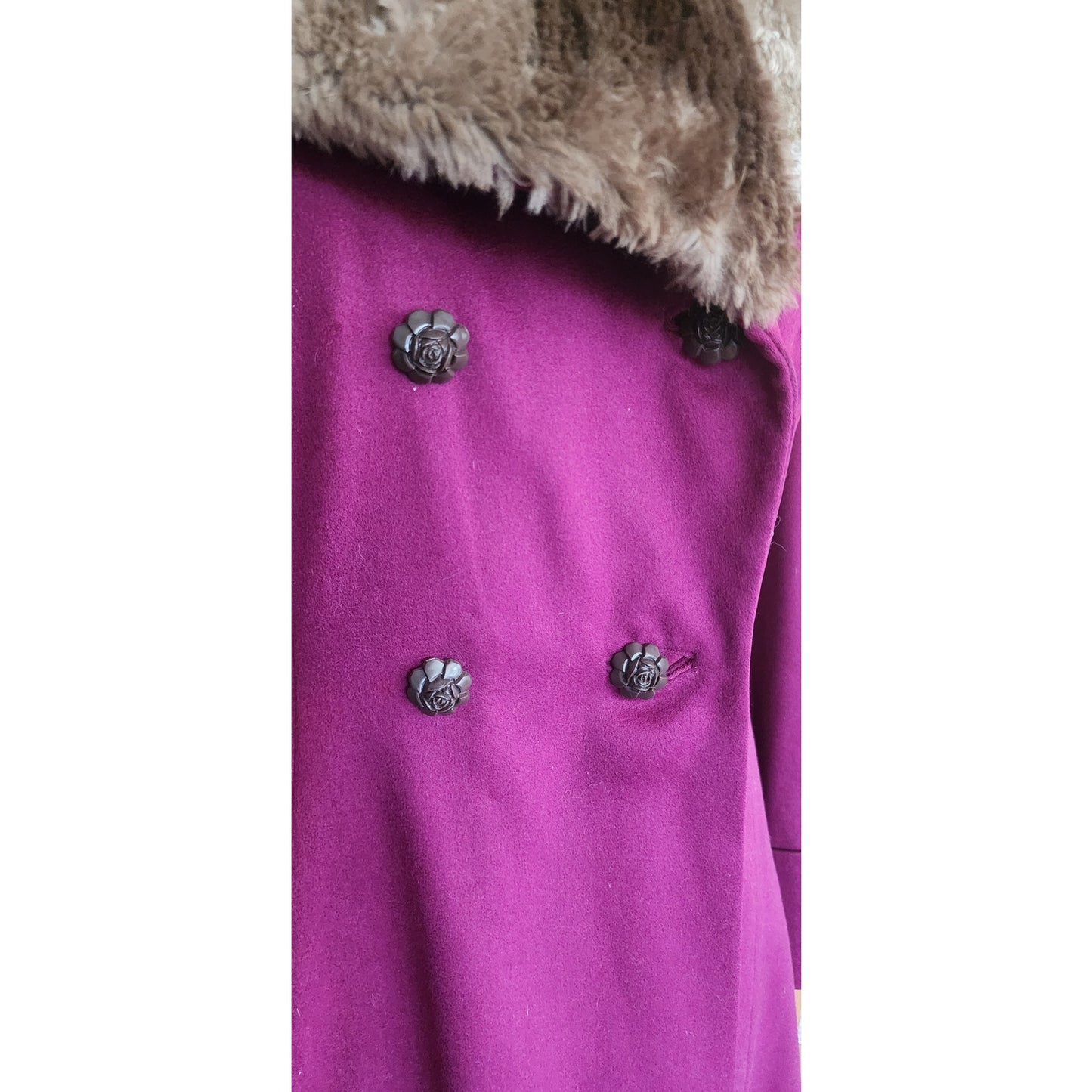 Vintage 1940s Purple Wool Princess Coat Sheared Beaver Fur Collar Double Breasted