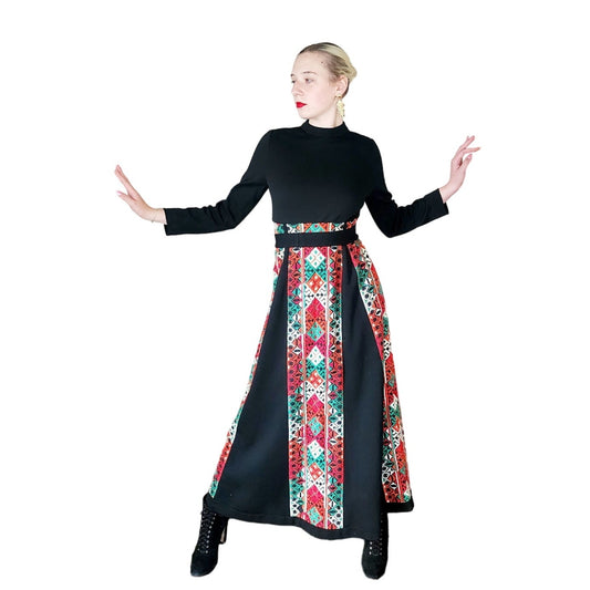 Vintage 70s Black Maxi Dress Colorful Skirt Embroidery Cleopatra Broumand AS IS