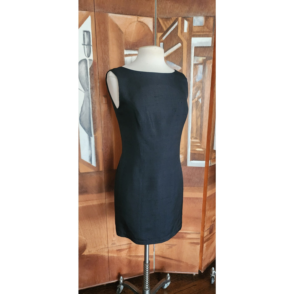 Vintage 1990s Minimalist Dress Black Raw Silk Sleeveless Shift Midi Small