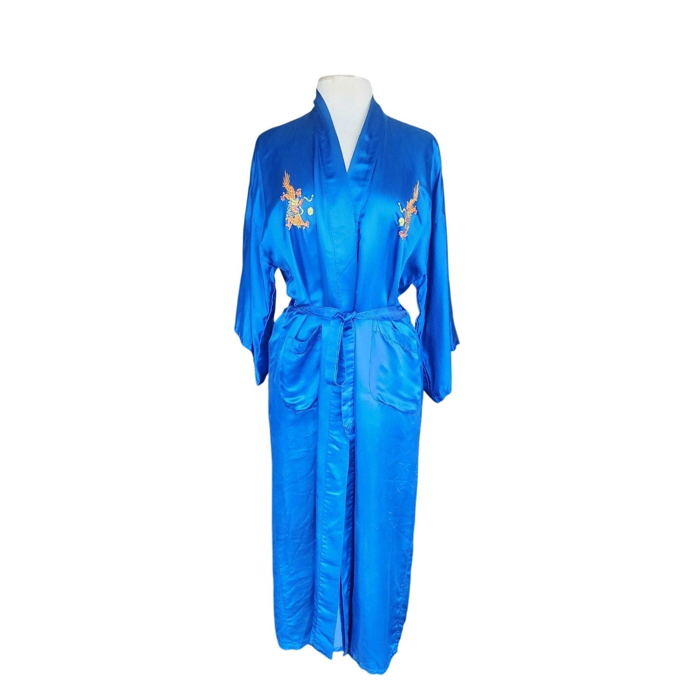 Vintage Chinese Dragon Robe Embroidered Blue Silk Esme