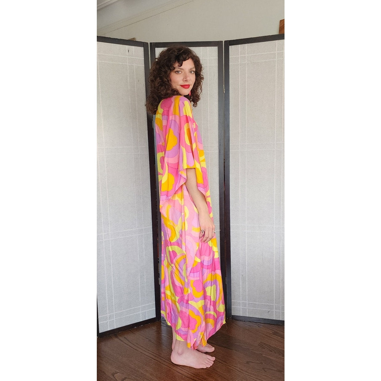 60s Silk Caftan Dress Pink Yellow Psychedelic Print Lord & Taylor