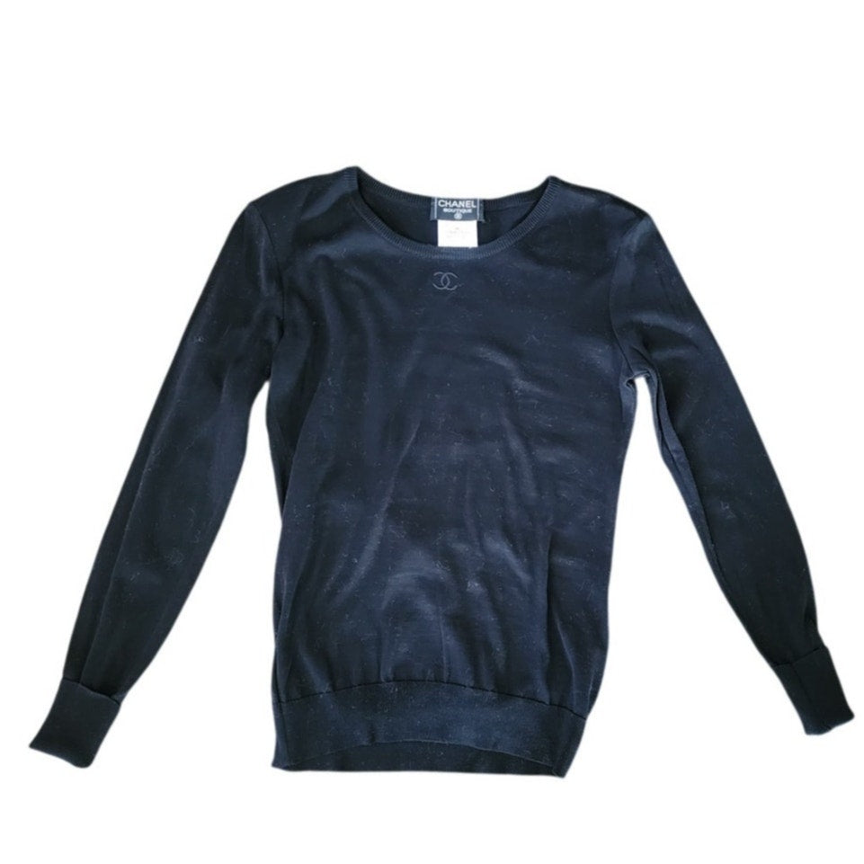 Vintage 1990s CHANEL Sweater Black Cotton Long Sleeve Top CC Logo / FR 40