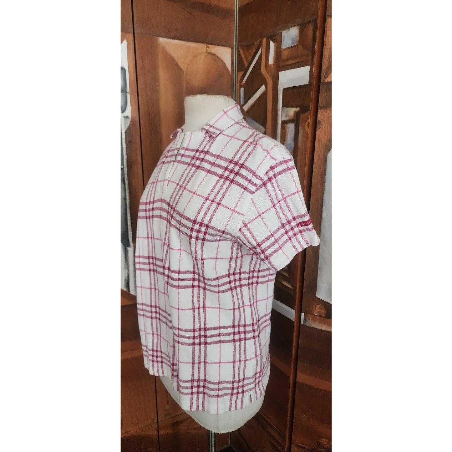 Vintage 2000s Burberry Golf Shirt Polo Top Preppy Plaid V Neck Short Sleeve White Red