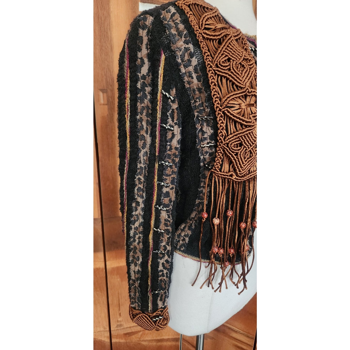 Vintage 90s Sandy Starkman Bohemian Crochet  Embellished Fringe Jacket Art to Wear