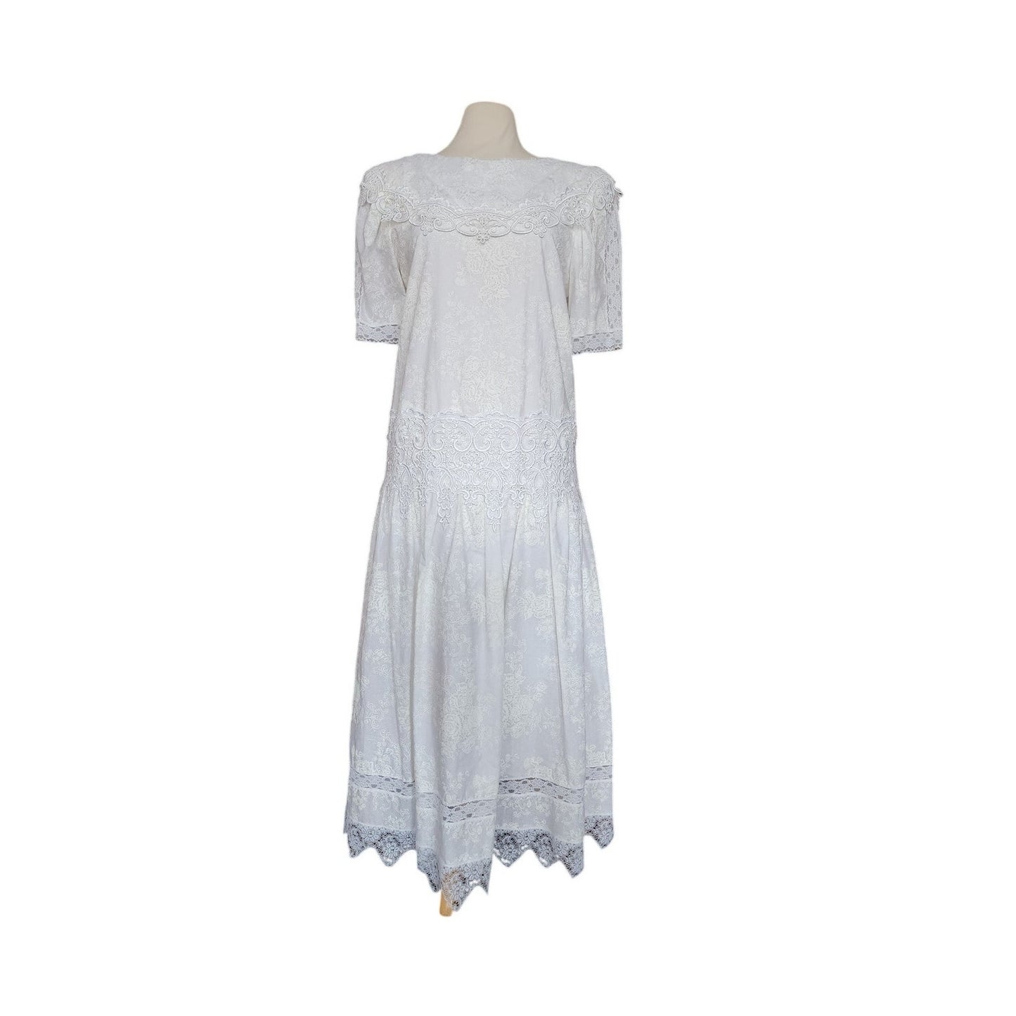 Vintage 80s Scott McClintock White Lace Dress Drop Waist Puffed Sleeves NWT