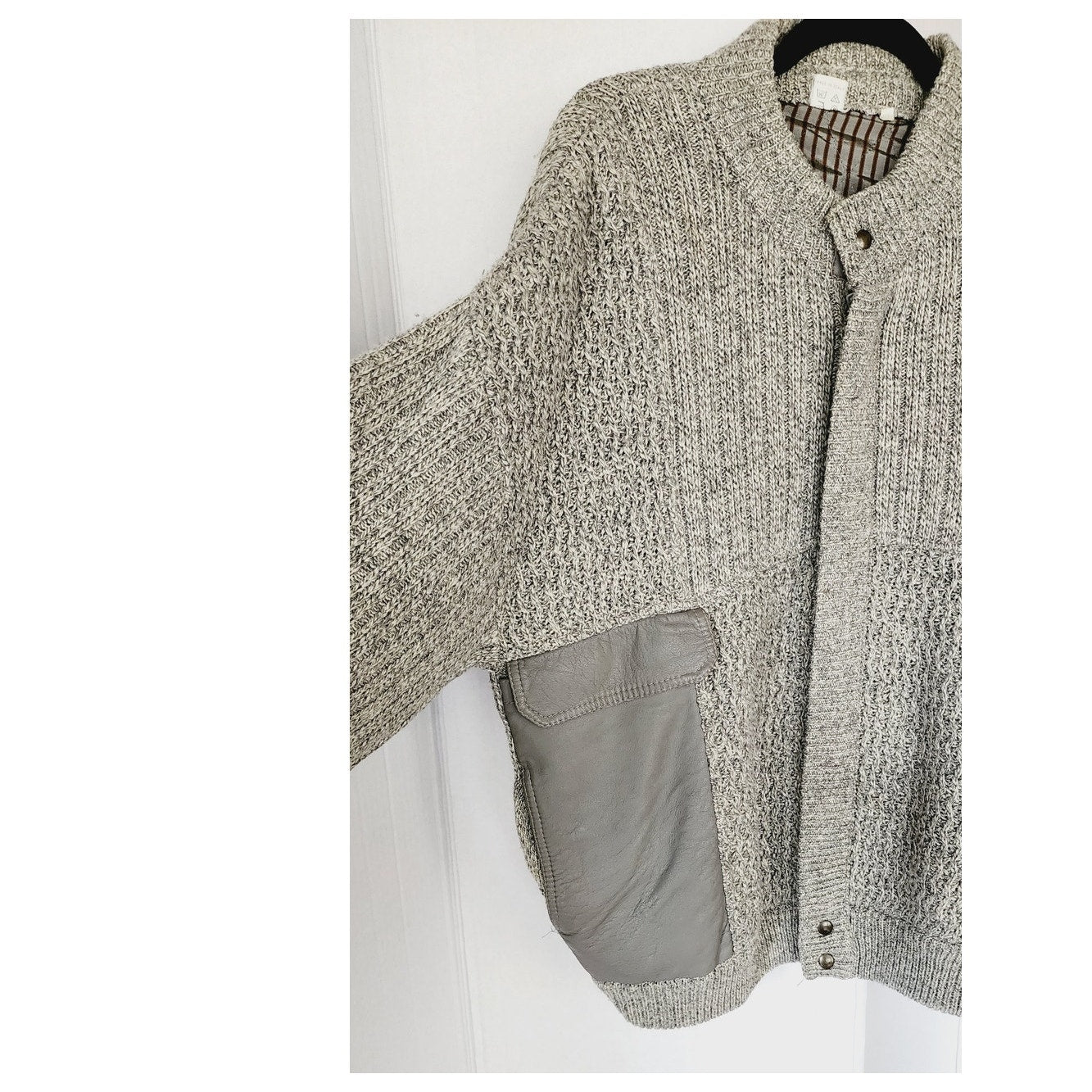Vintage 80s Mens Jacket Gray Knit Italian Wool & Leather XL
