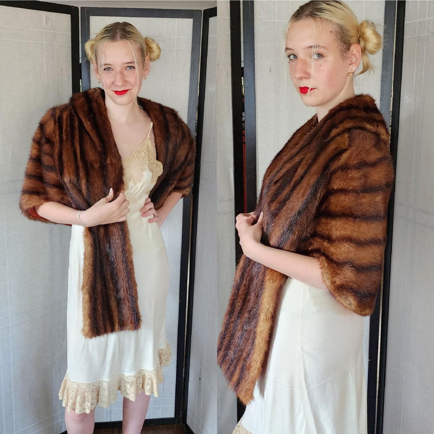 Vintage 50s Fur Stole Brown Mink Dyed Muskrat