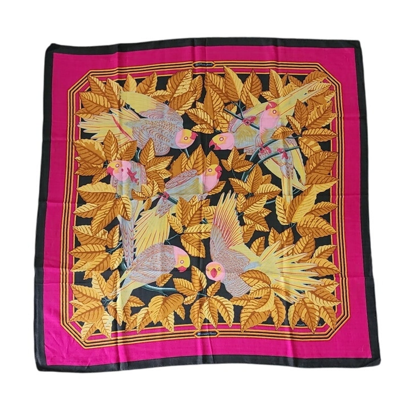 Vintage HERMÈS Scarf Les Perroquets Cashmere Silk Pink Navy Gold Carre Foulard Joachim Metz 1984