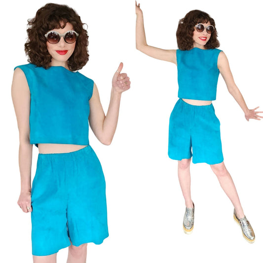 Vintage 80s Blue Suede Shorts + Top Set by Maxima