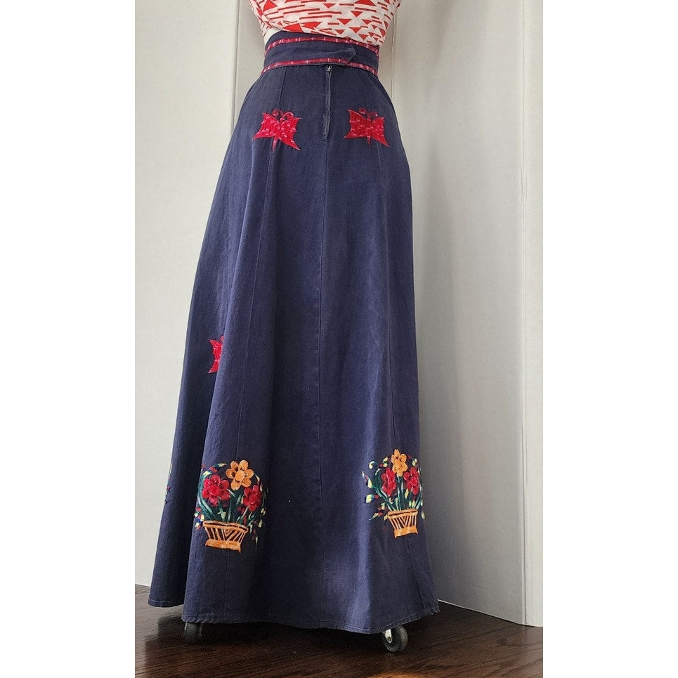 Vintage 70s Maxi Skirt Dark Wash Denim Butterfly Floral Embroidery