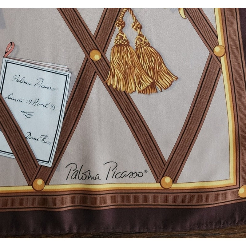 Vintage 90s Paloma Picasso Scarf Silk Brown Beige Novelty Print Bulletin Board