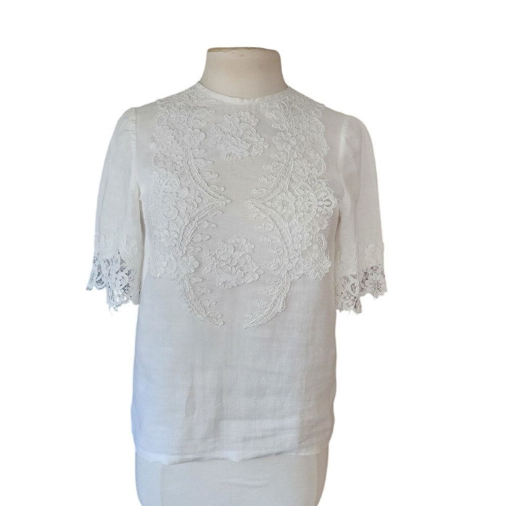 Vintage White Linen Blouse w/Lace Applique / S-M