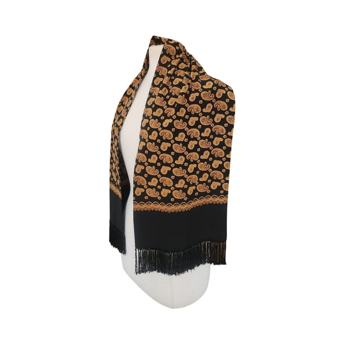 Vintage 1990s DKNY Scarf Black Gold Paisley Print Silk Oblong Fringe Donna Karan