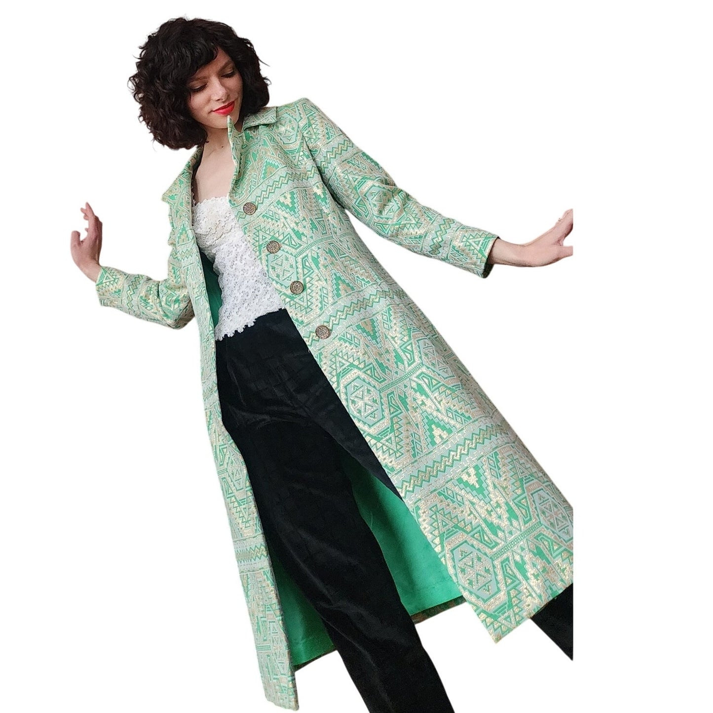 Vintage 60s Geometric Print Green Coat Mod Belted Chas A Stevens Medium