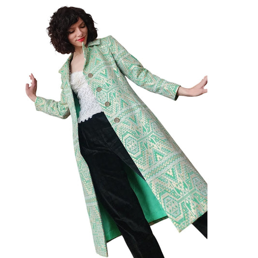 Vintage 60s Geometric Print Green Coat Mod Belted Chas A Stevens Medium