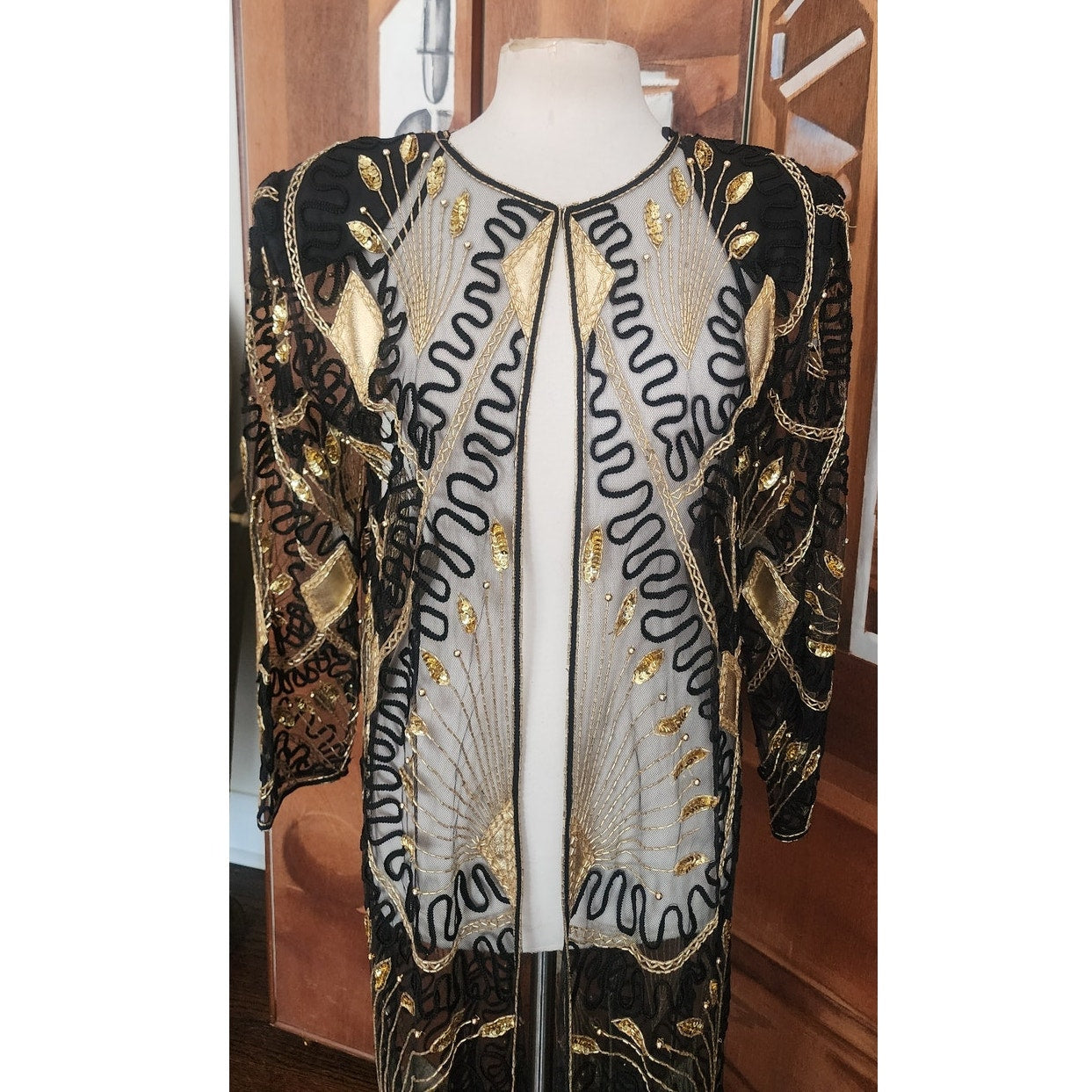 Vintage 80s Tan Chho Duster Sheer Coat Beaded Sequined Embroidered Evening Jacket Black Gold