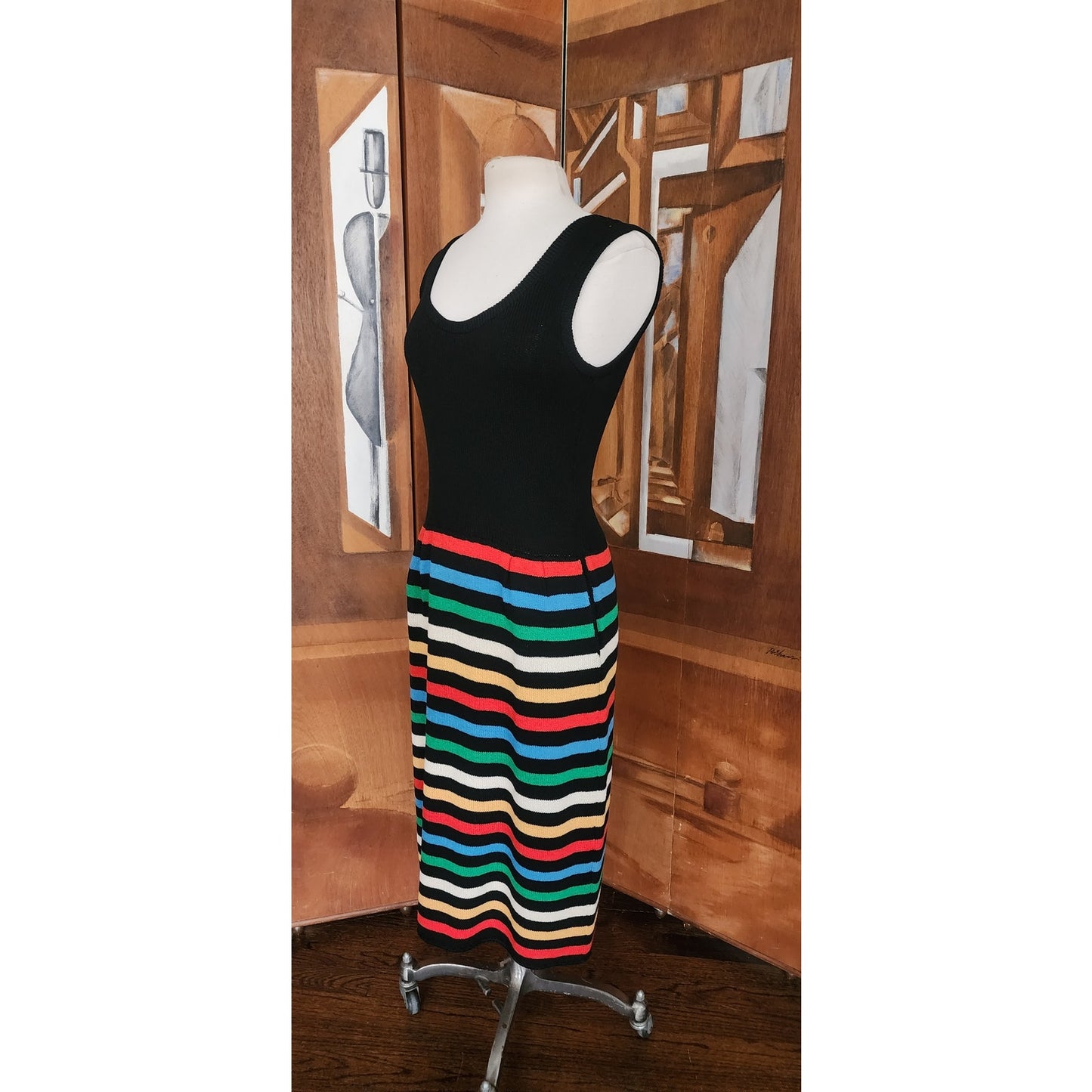 Vintage 70s St John Knit Dress + Bolero Jacket Set Black w/Rainbow Stripe