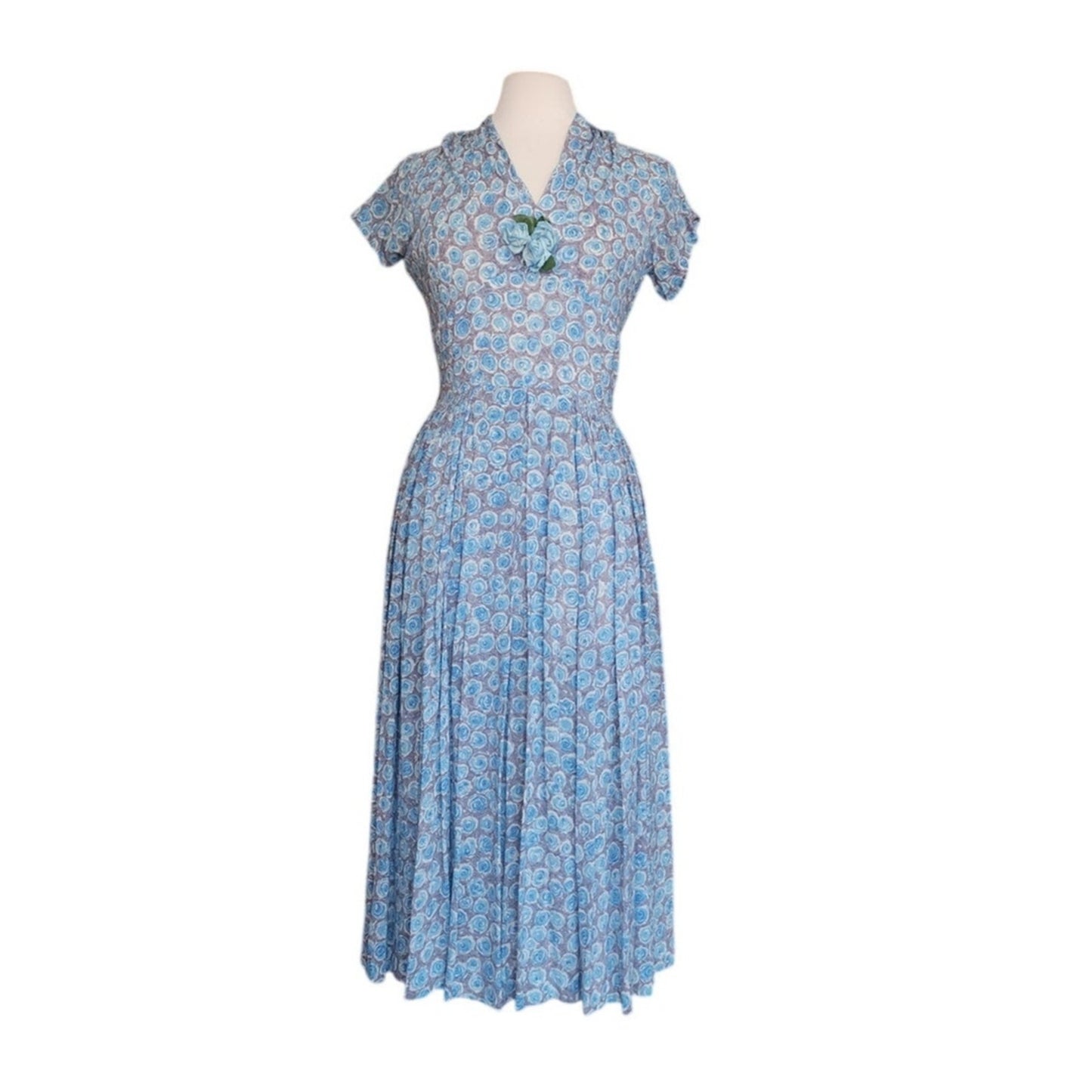 Vintage 1950s Blue Floral Rayon Midi Dress Fit and Flare Short Sleeve / S