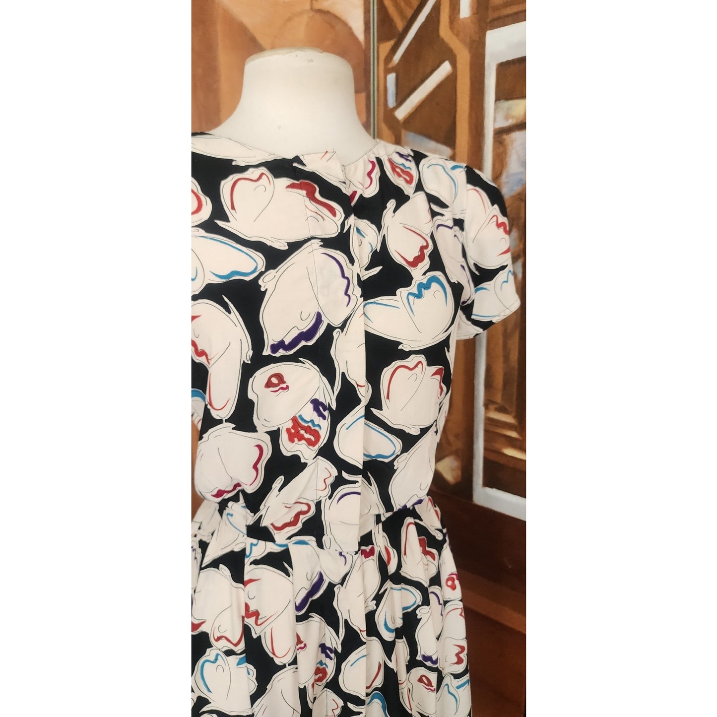 Vintage 1980s Krizia Dress Silk Puff Sleeve Open Back Geometric Abstract Midi