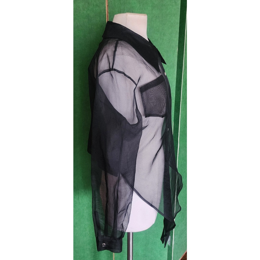 Vintage 90s Designer Blouse Black Sheer Silk Shirt Tie Front Victoria March Chicago