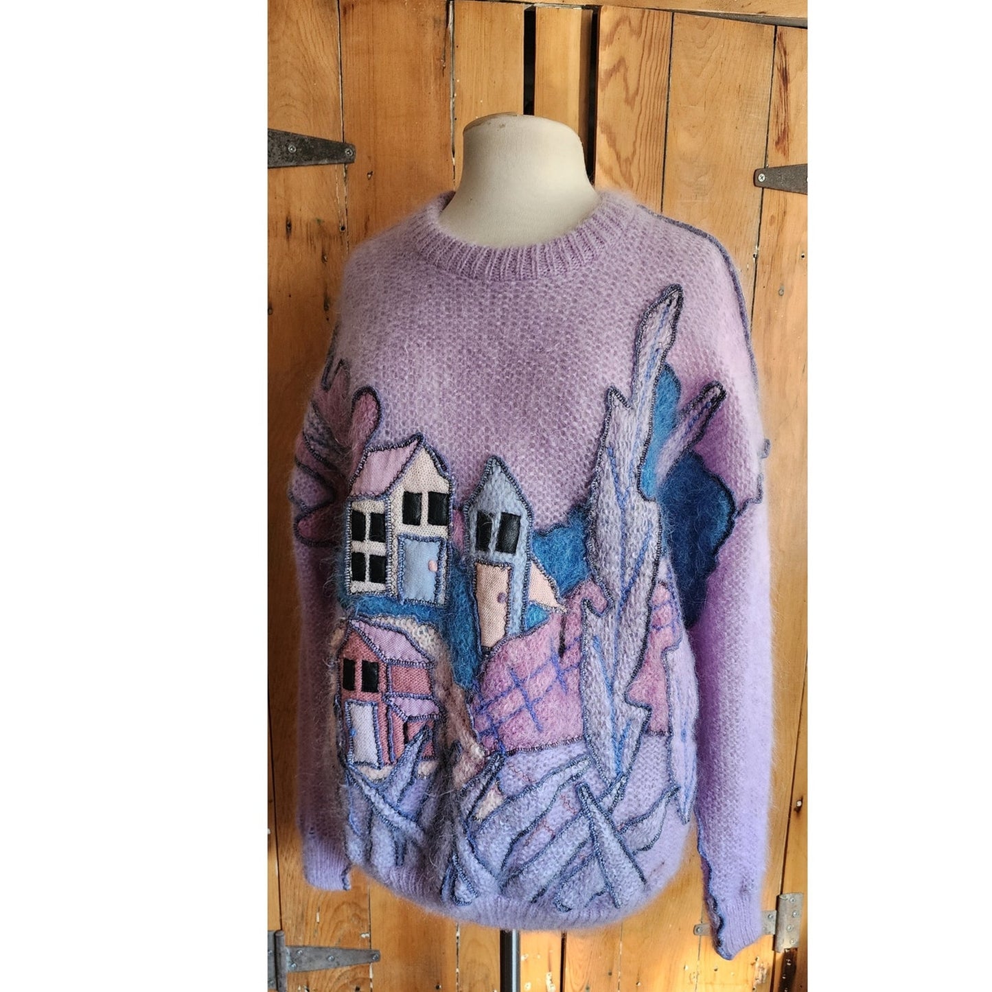 80s Purple Sweater in Embroidered Mohair Village Scene Applique by Vashti New Zealand