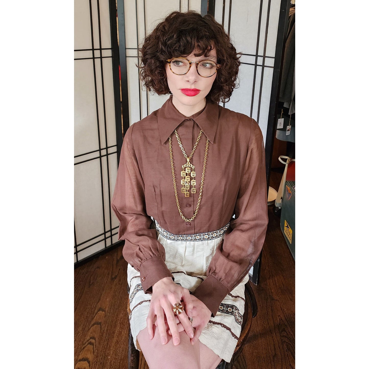 Vintage 60s Day Dress Brown Cream Long Sleeved