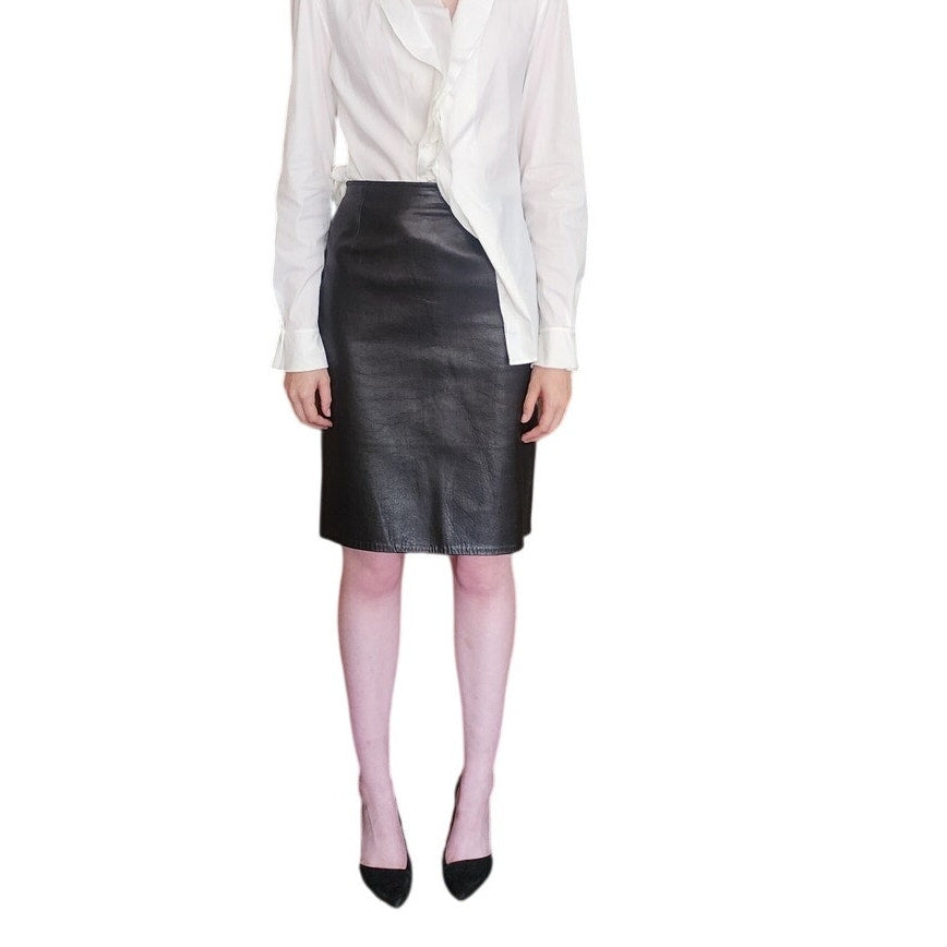 Vintage 80s Hugo Buscati Black Leather Pencil Skirt High Waisted Small