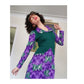 Vintage 70s Maxi Dress Purple & Green French Toile Print Baroque Rococo