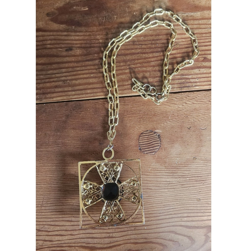 Vintage 1960s Maltese Cross Necklace Baroque Pendant Purple Brown Gold Maximalist Boho