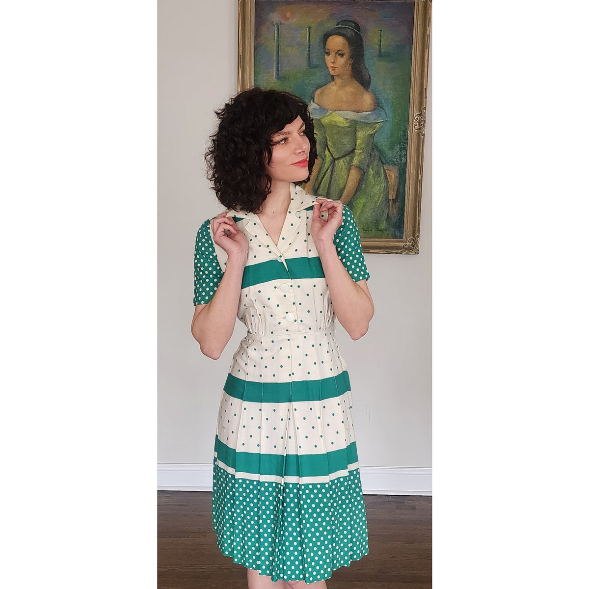 Vintage 1950s Nelly Don Dress Green Polka Dot White Cotton Hope Reed Short Sleeve